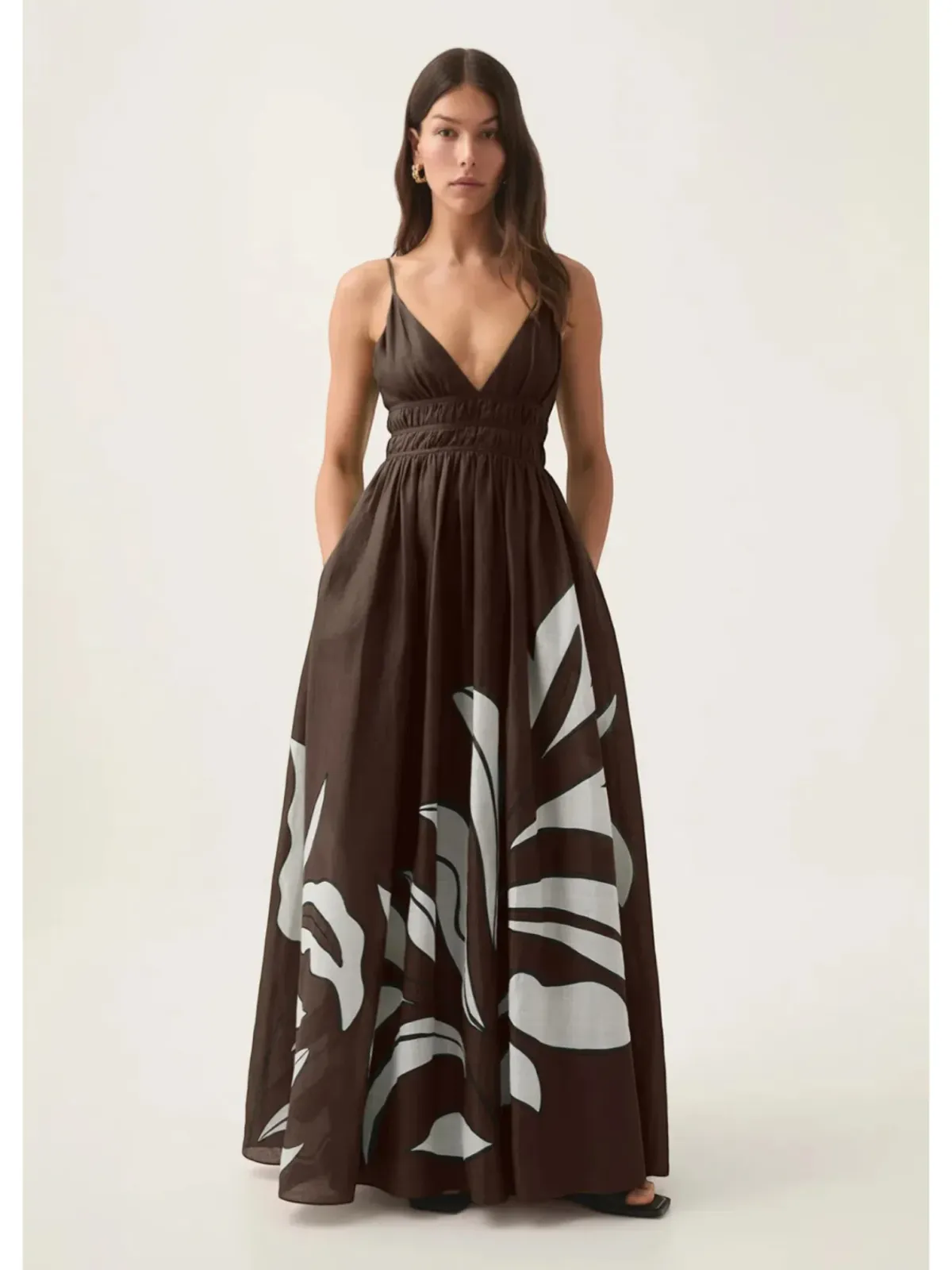 Aje Planetary Maxi Dress Size AU 16 Brown Carob Abstract Print Strappy Gown - Image 1
