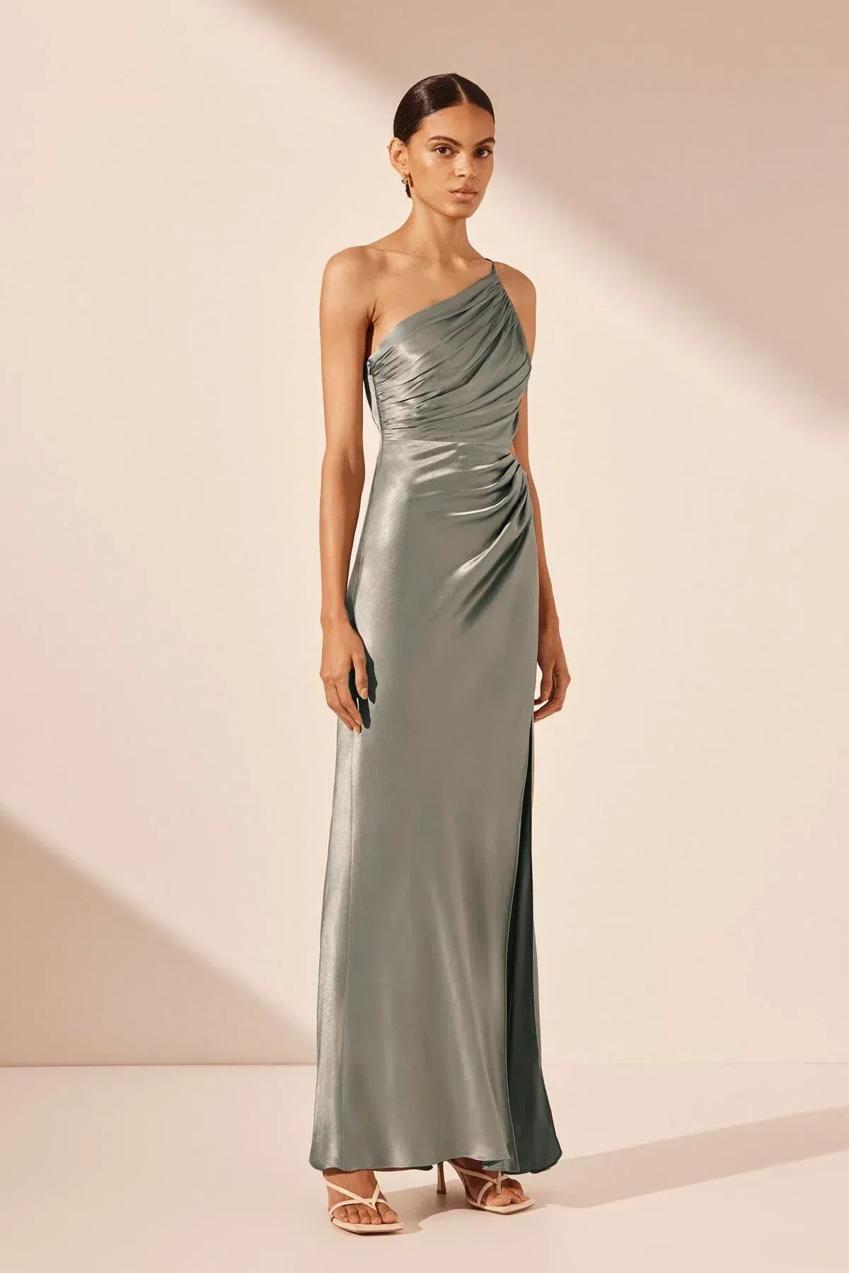 Shona Joy La Lune Asymmetrical Gathered Maxi Dress - Sage Size 10 - Image 3