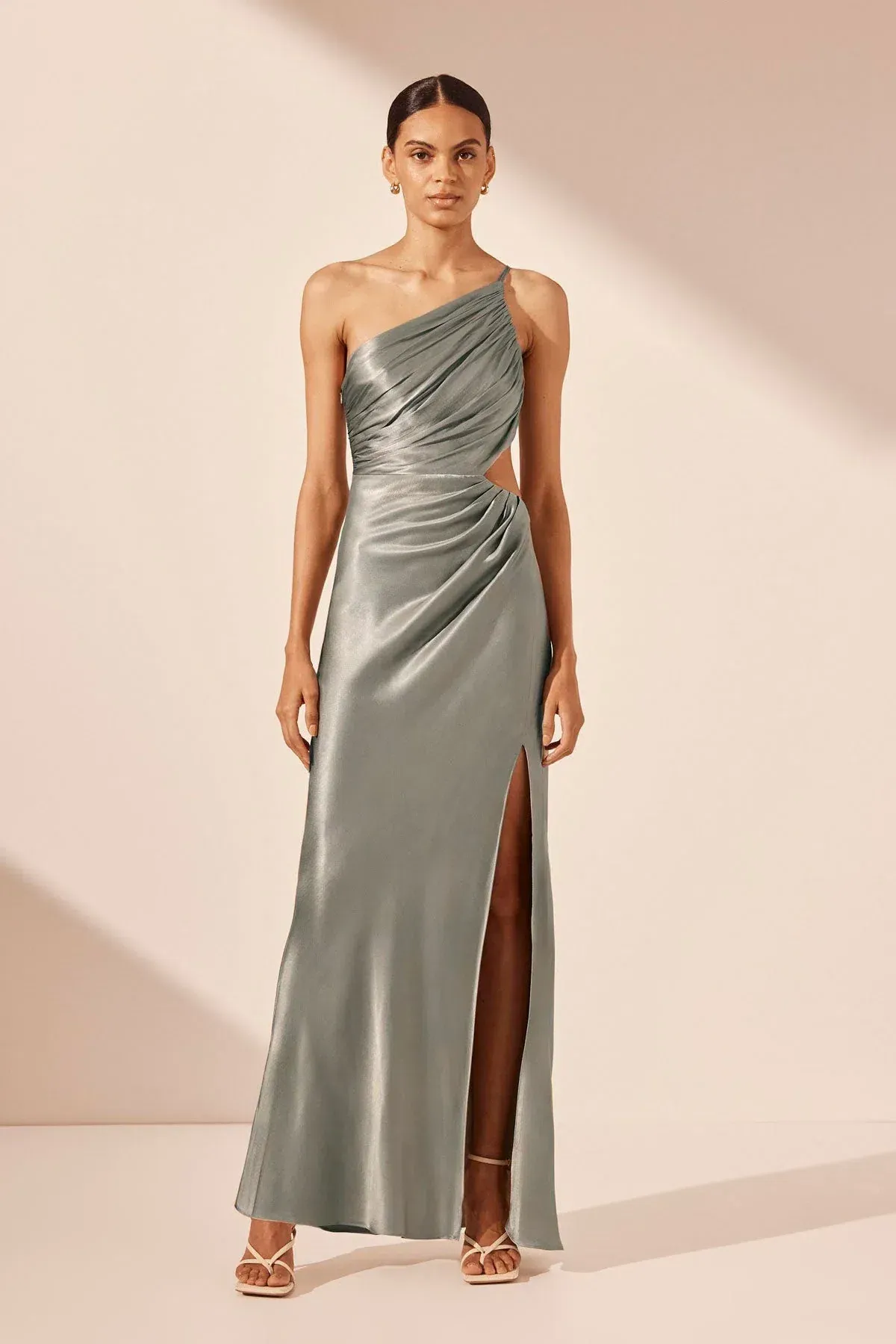 Shona Joy La Lune Asymmetrical Gathered Maxi Dress - Sage Size 10 - Image 1