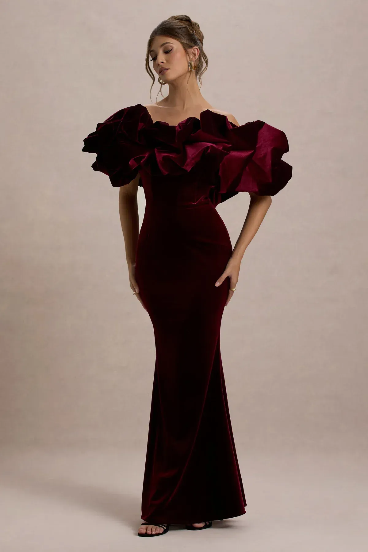 Club L London Port Velvet Bardot Maxi Dress With Velvet Ruffle Trim - Image 1