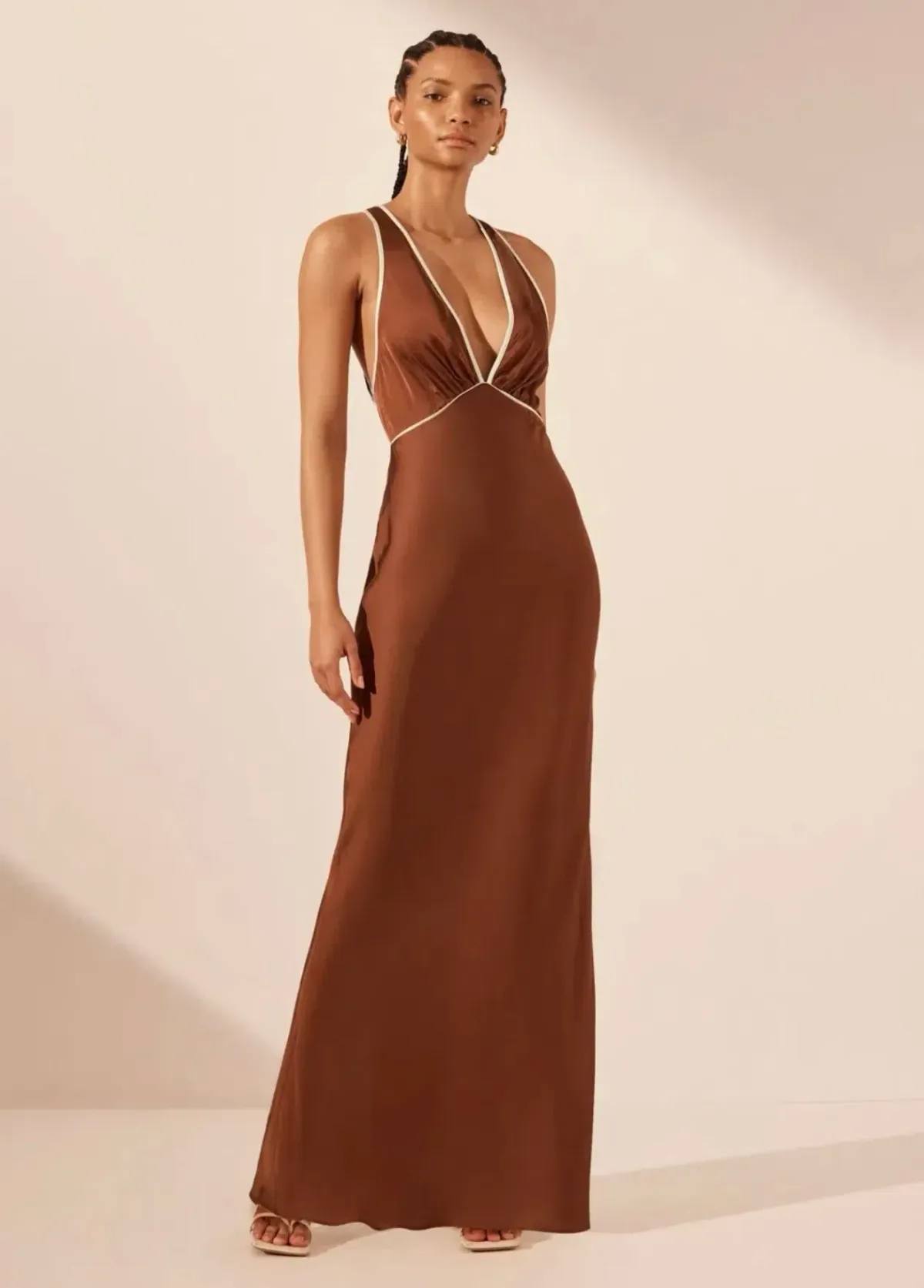 SHONA JOY BELKIS CONTRAST PLUNGE CROSS BACK MAXI DRESS CHOCOLATE/IVORY - Image 1