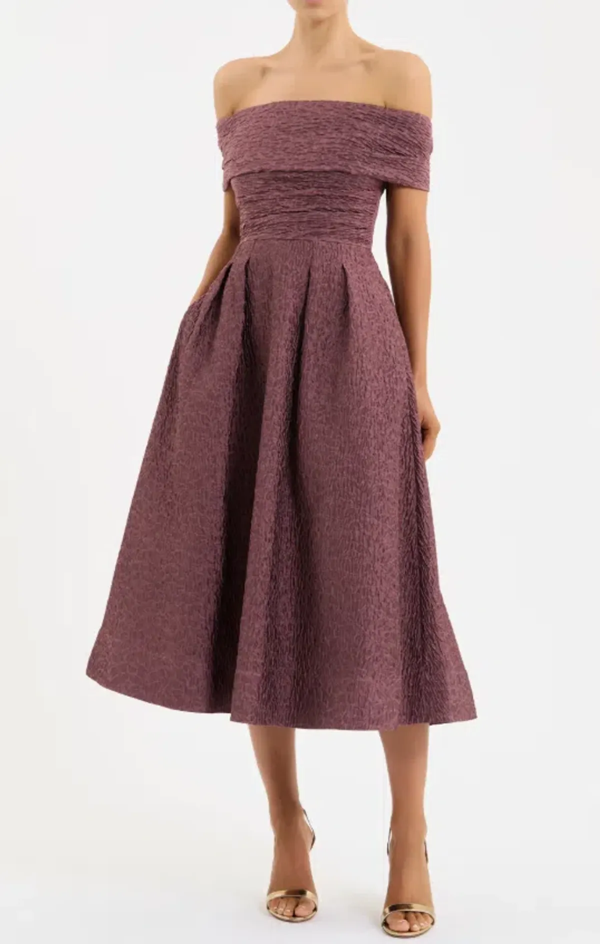 Rebecca Vallance Adalyn Off The Shoulder Midi Dress Mauve Size 10 - Image 1
