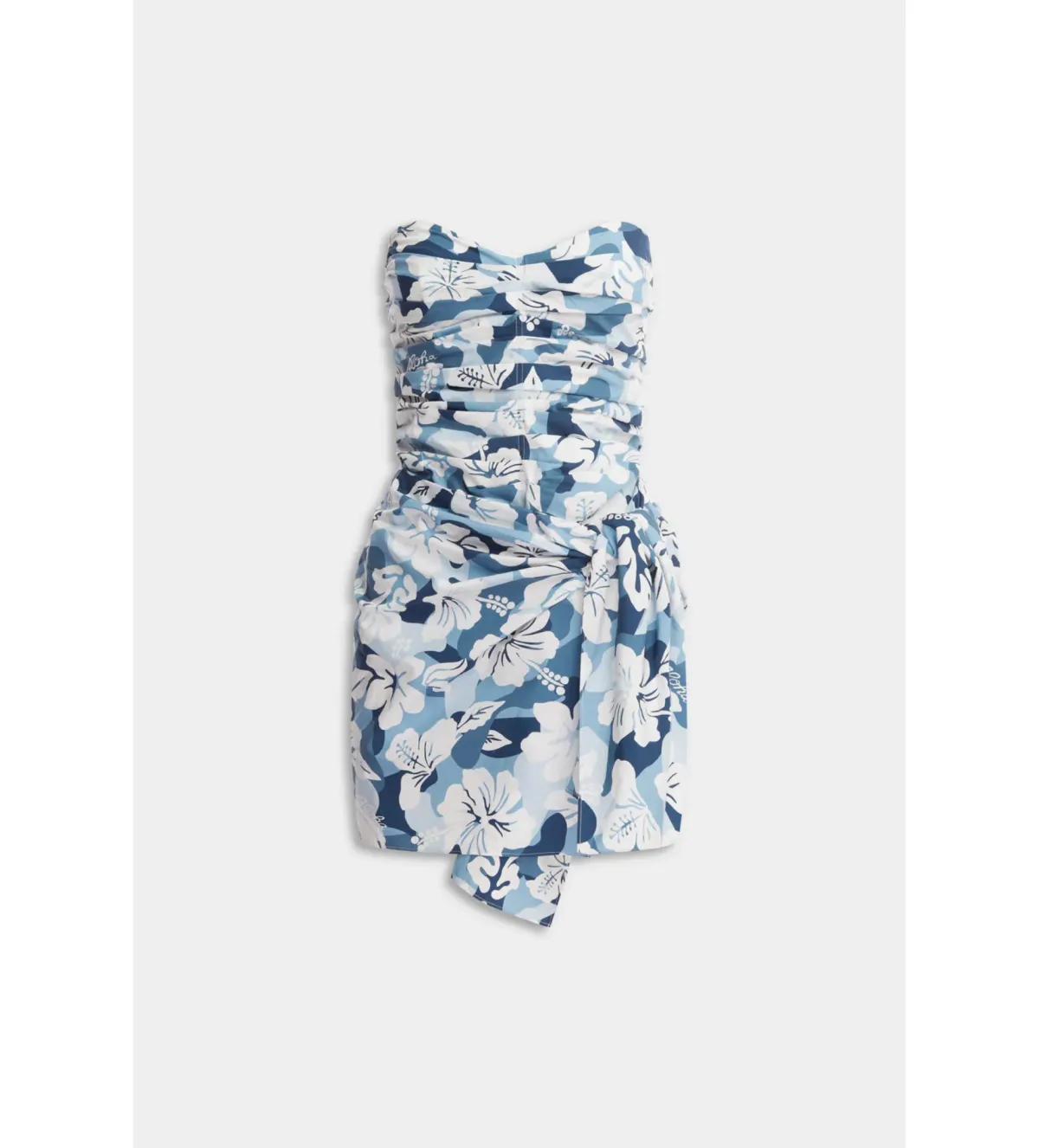 Venroy Ruched Cotton Strapless Mini Dress Blue Hibiscus Camo Size S/AU 8 - Image 4