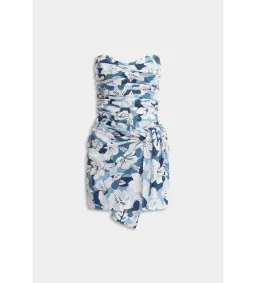 Venroy Ruched Cotton Strapless Mini Dress Blue Hibiscus Camo Size S/AU 8 for rent on The Volte - image 4