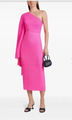 Solace London Lenna one sleeve draped plisse-chiffon midi dress pink, size 12 for rent on The Volte - image 1