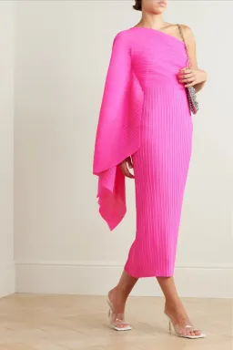 Solace London Lenna one sleeve draped plisse-chiffon midi dress pink, size 12 for rent on The Volte - image 2