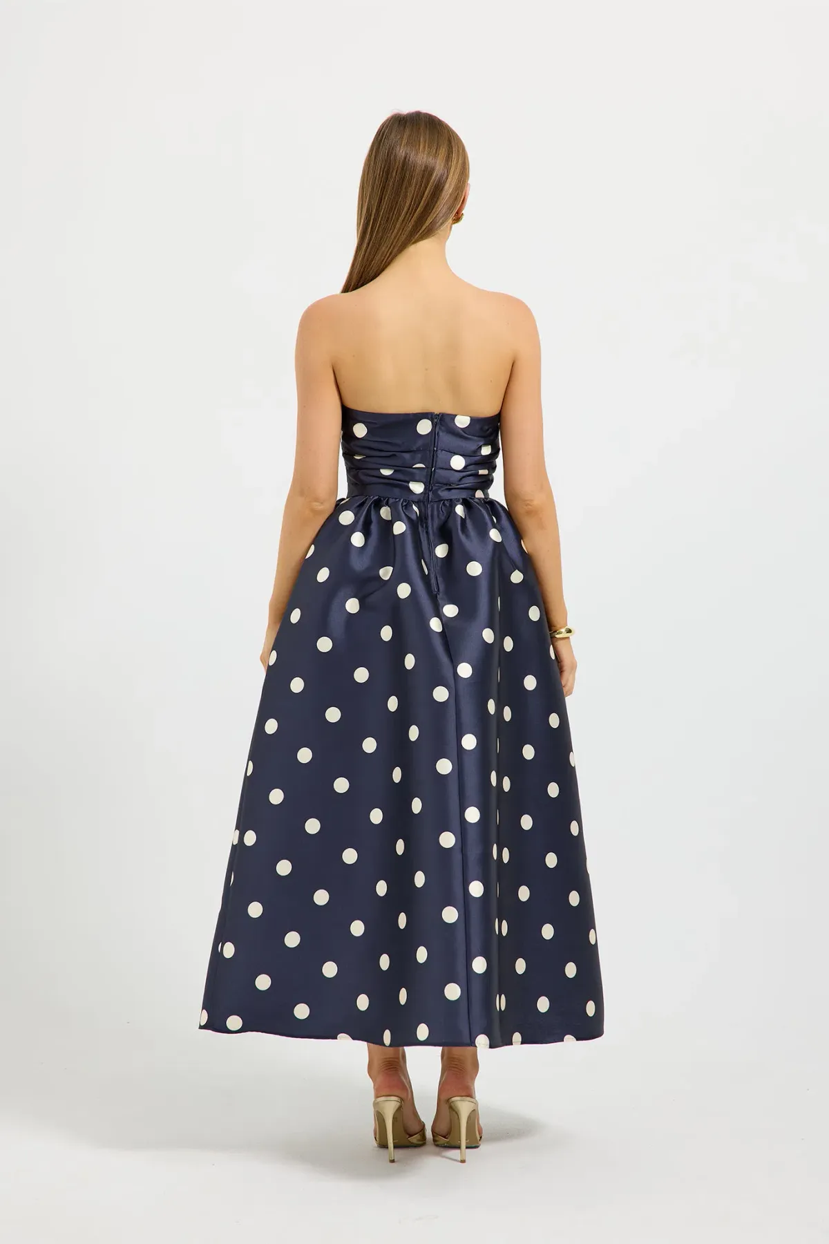 Pasduchas Dottie Strapless Midi Dress in Navy/Cream Size AU 14 - Image 3