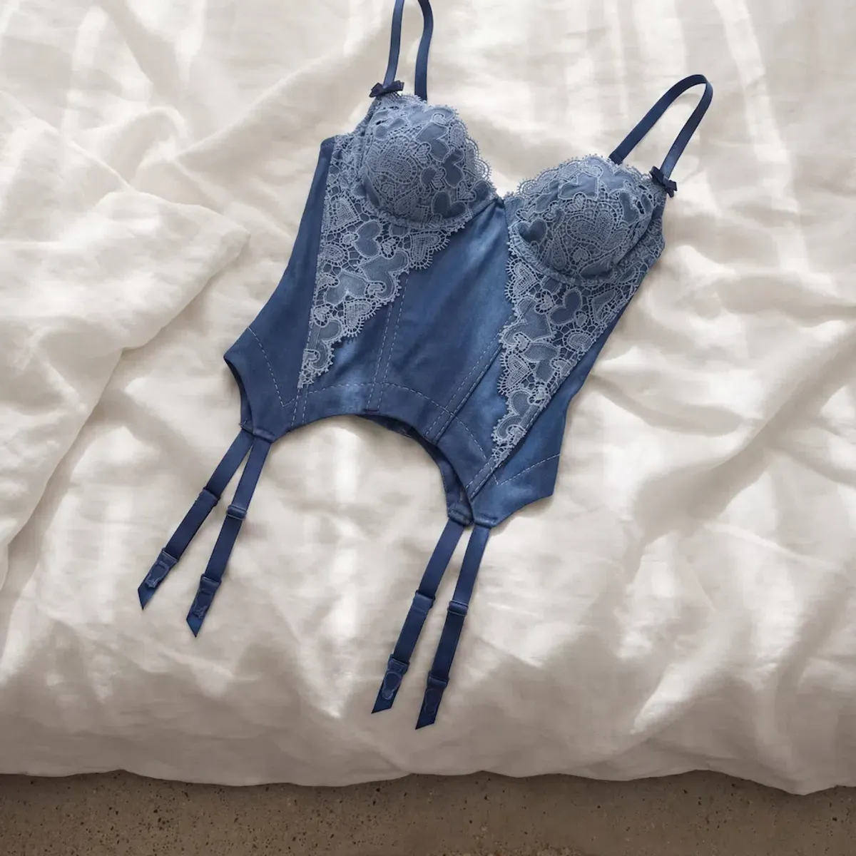 For Love & Lemons Denim Hearts Bustier - Image 1