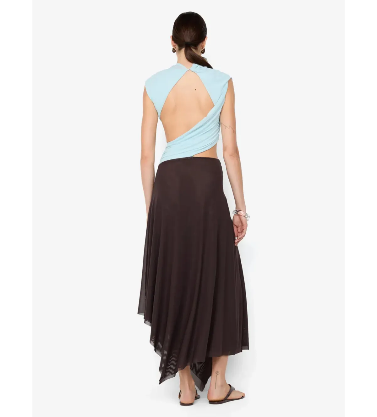 Bec & Bridge Conni Asym Midi Dress in Arctic Blue/ Dark Choc Size AU8 - Image 3