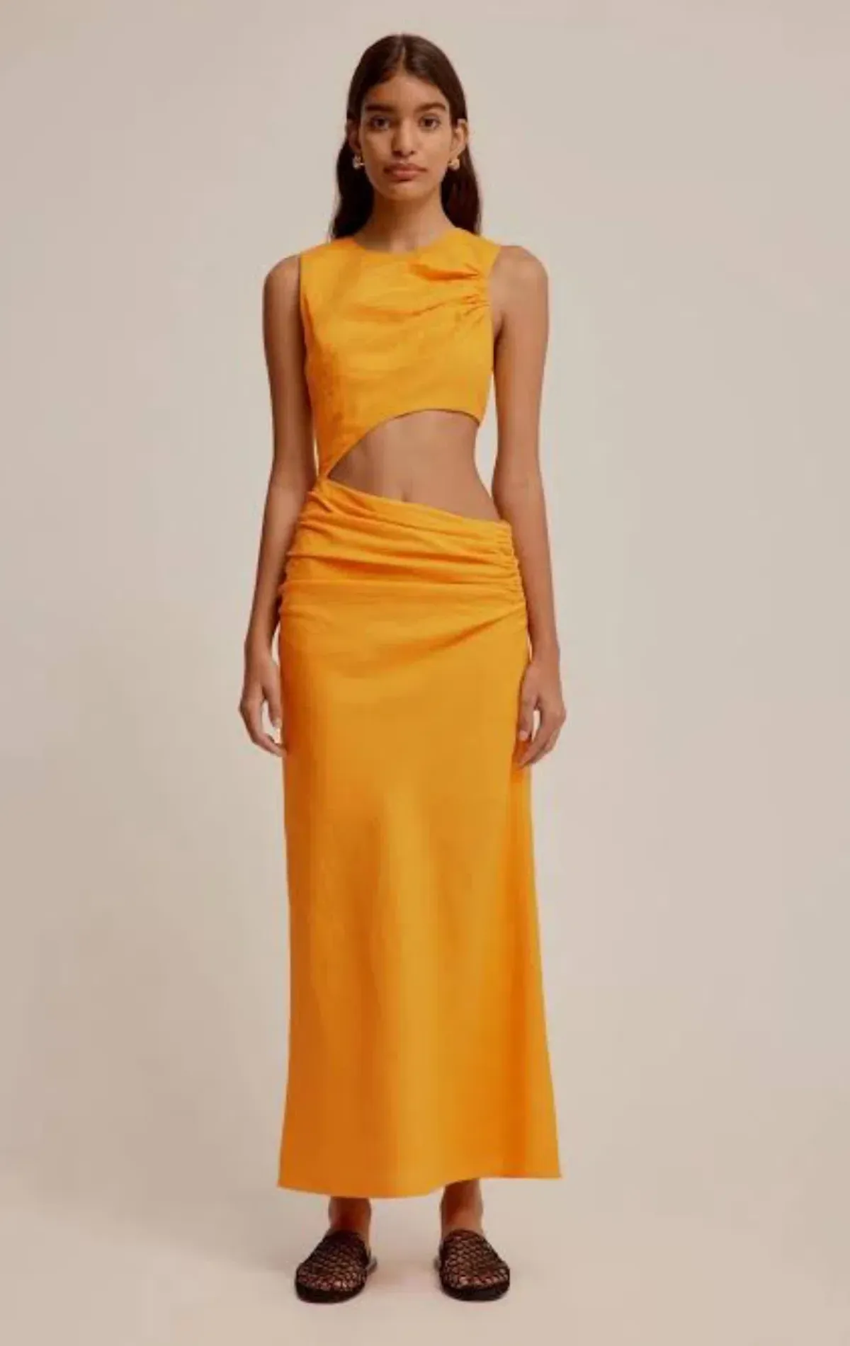 VENROY LINEN CUT OUT DRESS SAFFRON SIZE S / AU 8 - Image 1