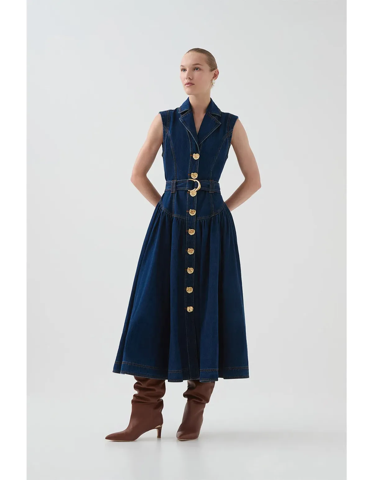 Aje Elena Belted Denim Midi Dress - Image 1