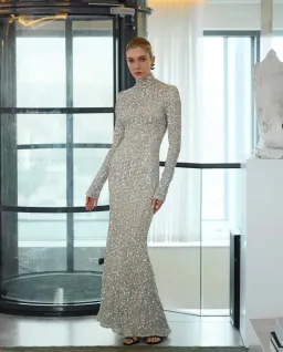 CARLA ZAMPATTI IVORY CRUSHED SEQUIN SLEEVED GOWN for rent on The Volte - image 3
