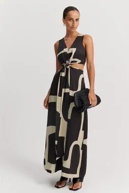 COUNTRY ROAD Print Column Maxi Dress in Stone Geo Print Size 12 - - Black & Stone Golden Brown for rent on The Volte - image 3