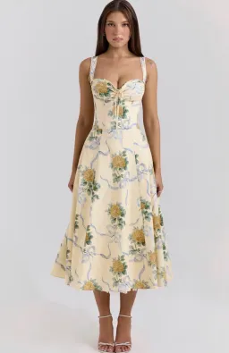House of CB ROSALEE Lemon Vintage Ribbon Print Cotton Midi Dress Size S for rent on The Volte - image 1
