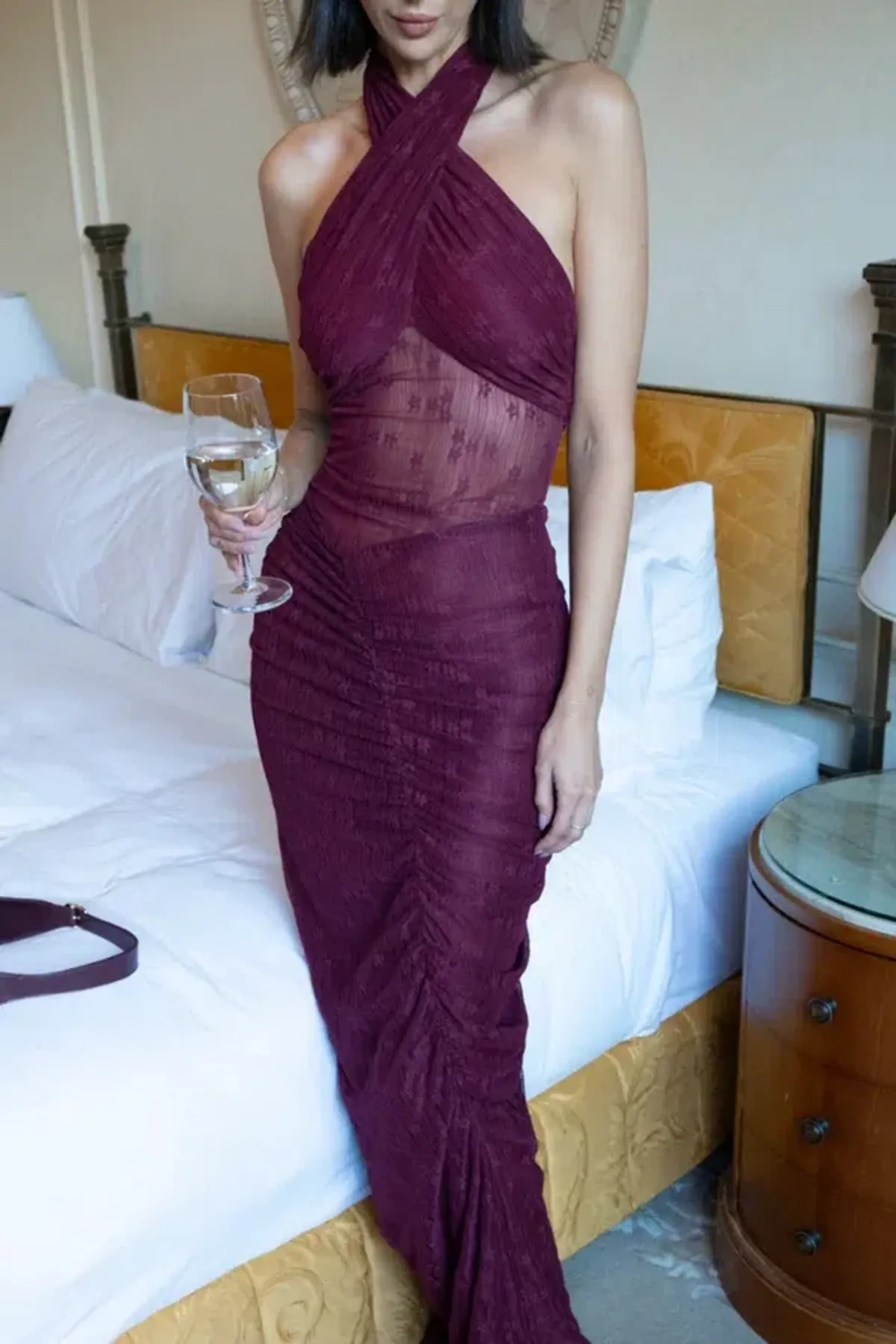 BENNI Hudson Lace Maxi Dress In Burgundy Sangria | Size AU 12 - Image 1