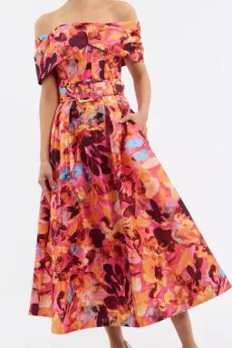 🌹Rebecca Vallance Gardenia Midi Dress – Size 8 AU - Orange Red Floral Off Shoulder Outfit🌹 for rent on The Volte - image 5