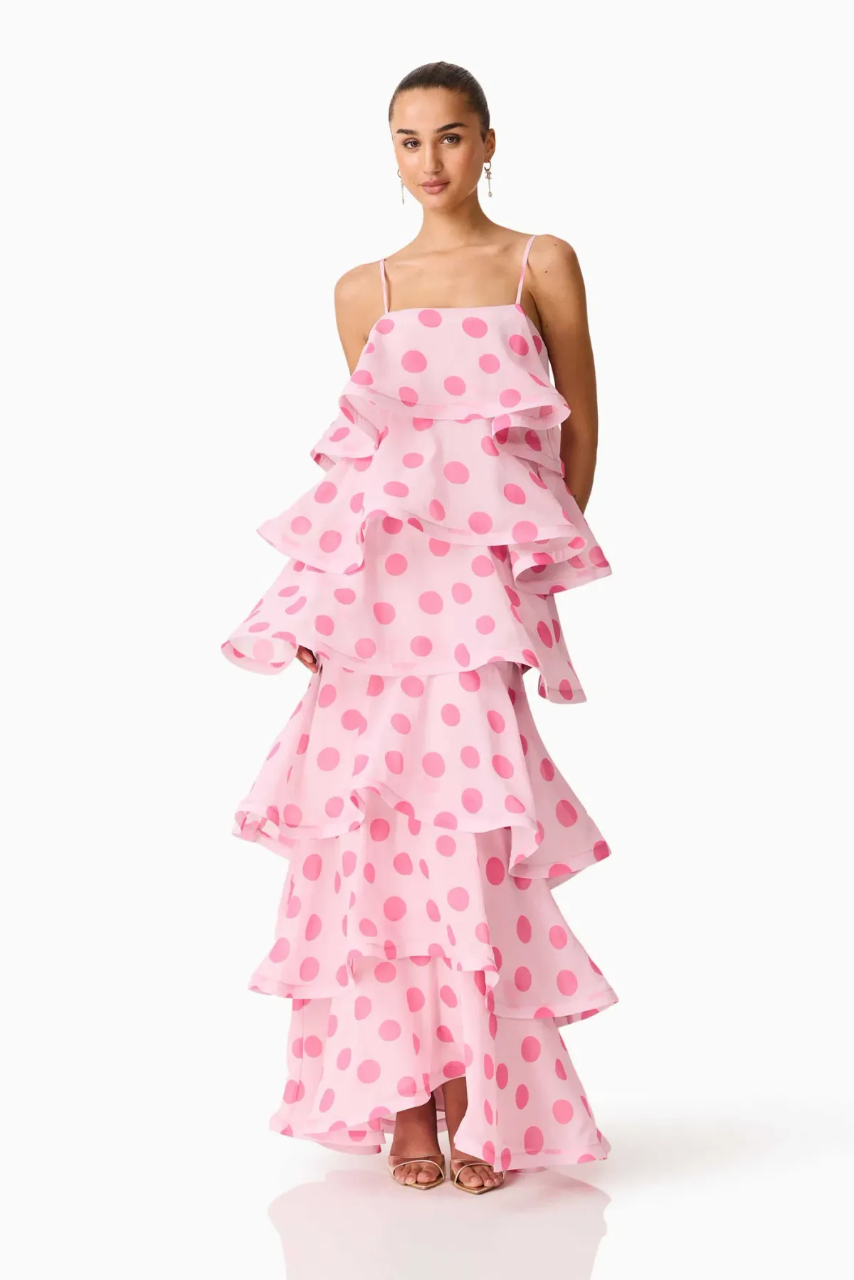 Elliatt Sola Tiered Maxi Dress size 8 Pink Polkadot - Image 1