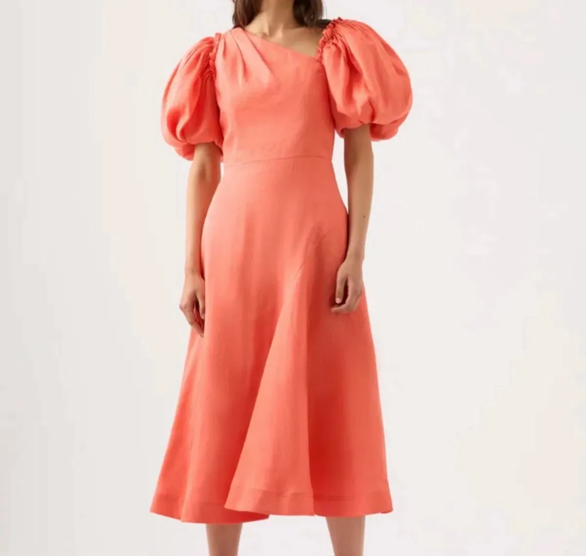 Aje Maia Linen Dress Off the Shoulder Midi Coral Orange - Image 1