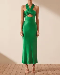 SHONA JOY LANA RUCHED HALTER MIDI DRESS TREE GREEN SIZE AU 6 for rent on The Volte - image 1