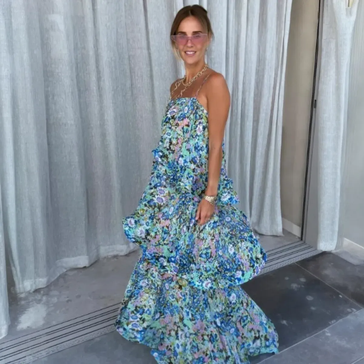 Elliatt Armani Tiered Maxi Dress In Blue Floral Size Large - Image 1