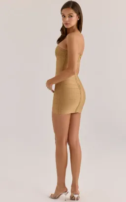 House of CB The Sweetheart gold shimmer strapless v waist bandage mini dress Size S for rent on The Volte - image 2