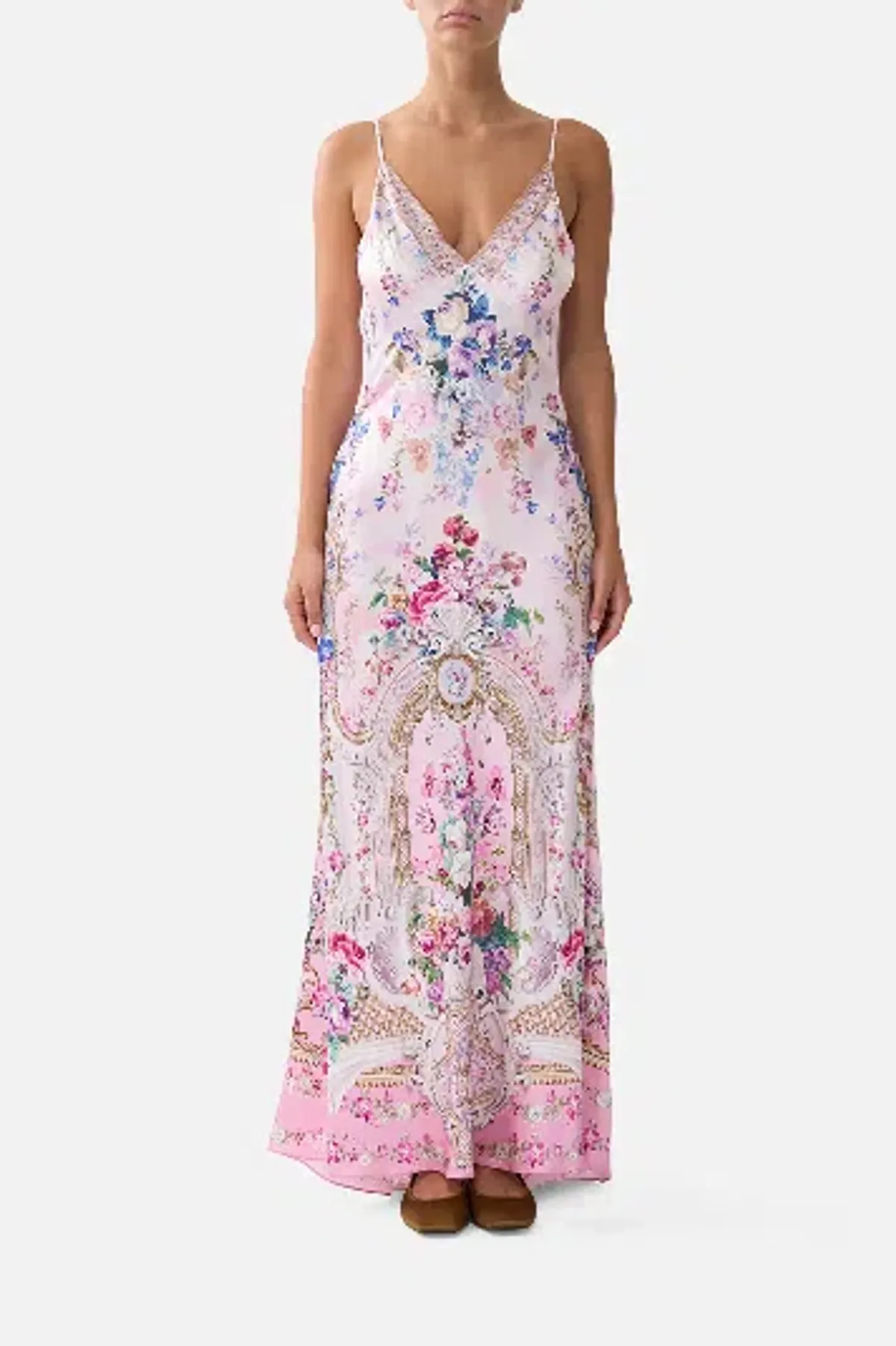 Camilla V-Neck Long Bias Slip Dress With Train Palatial Pastels size S - Image 3