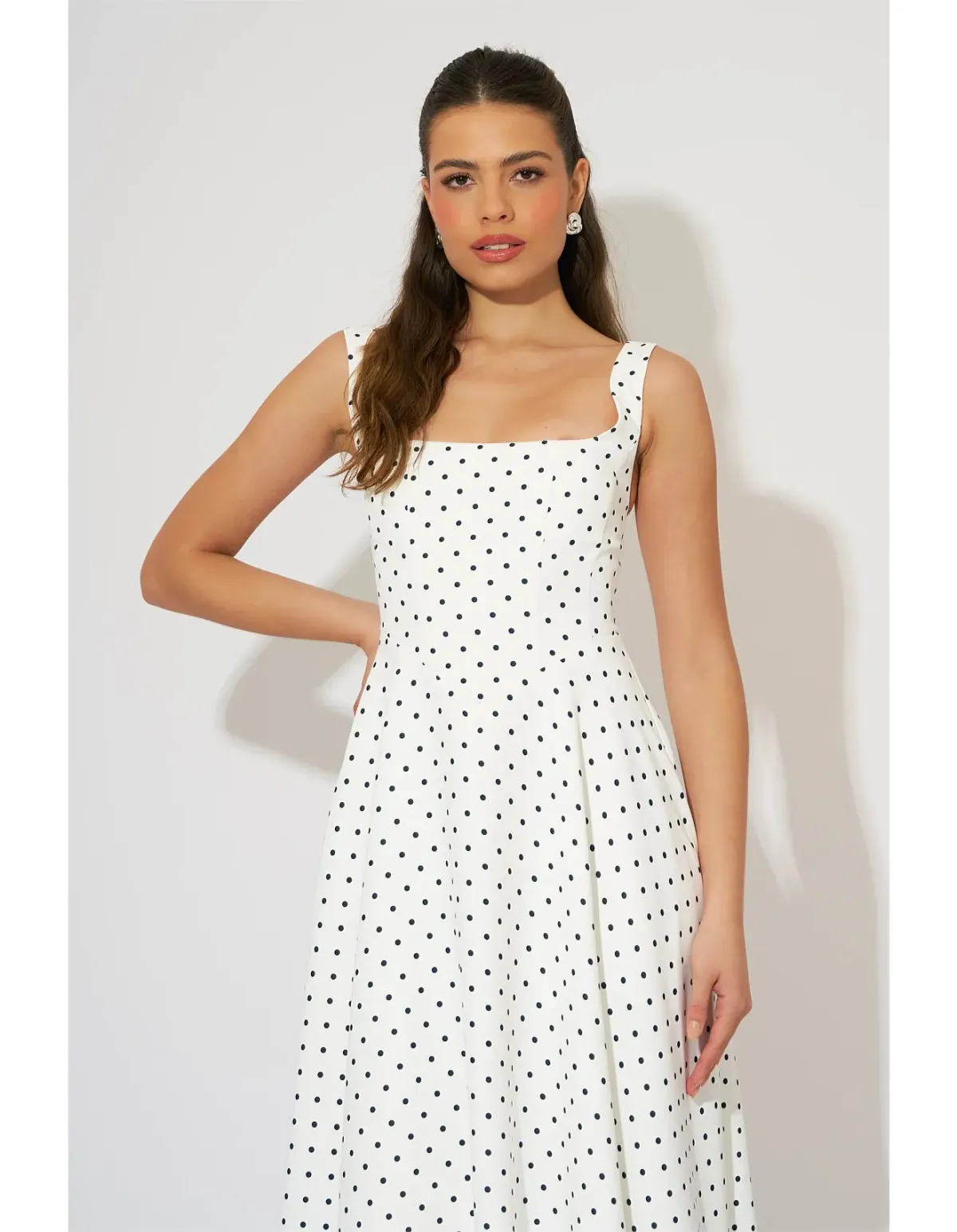 Odd Muse Ultimate Muse High Waist Square Neck Midi Dress M White Polka Dot - Image 4
