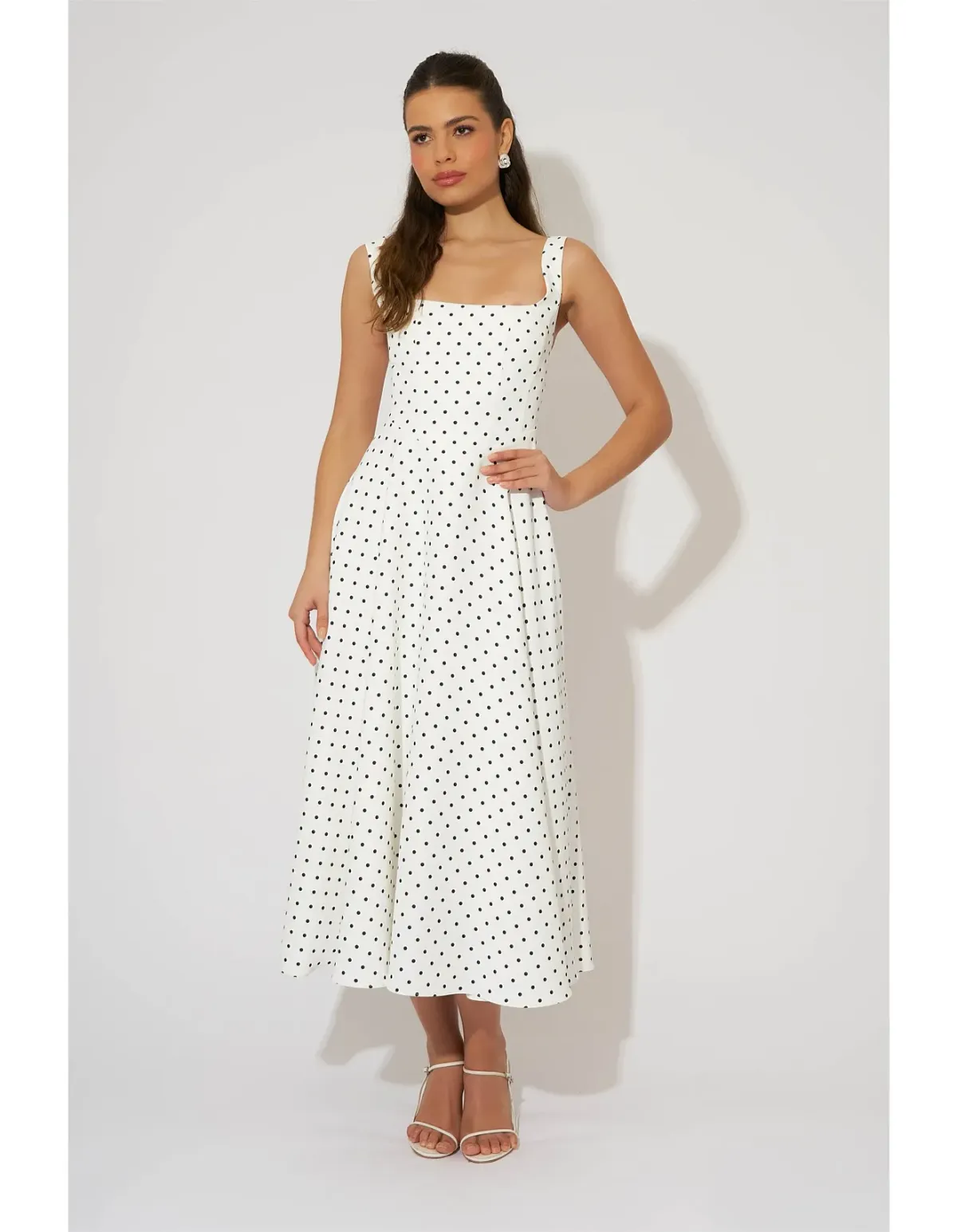 Odd Muse Ultimate Muse High Waist Square Neck Midi Dress M White Polka Dot - Image 2
