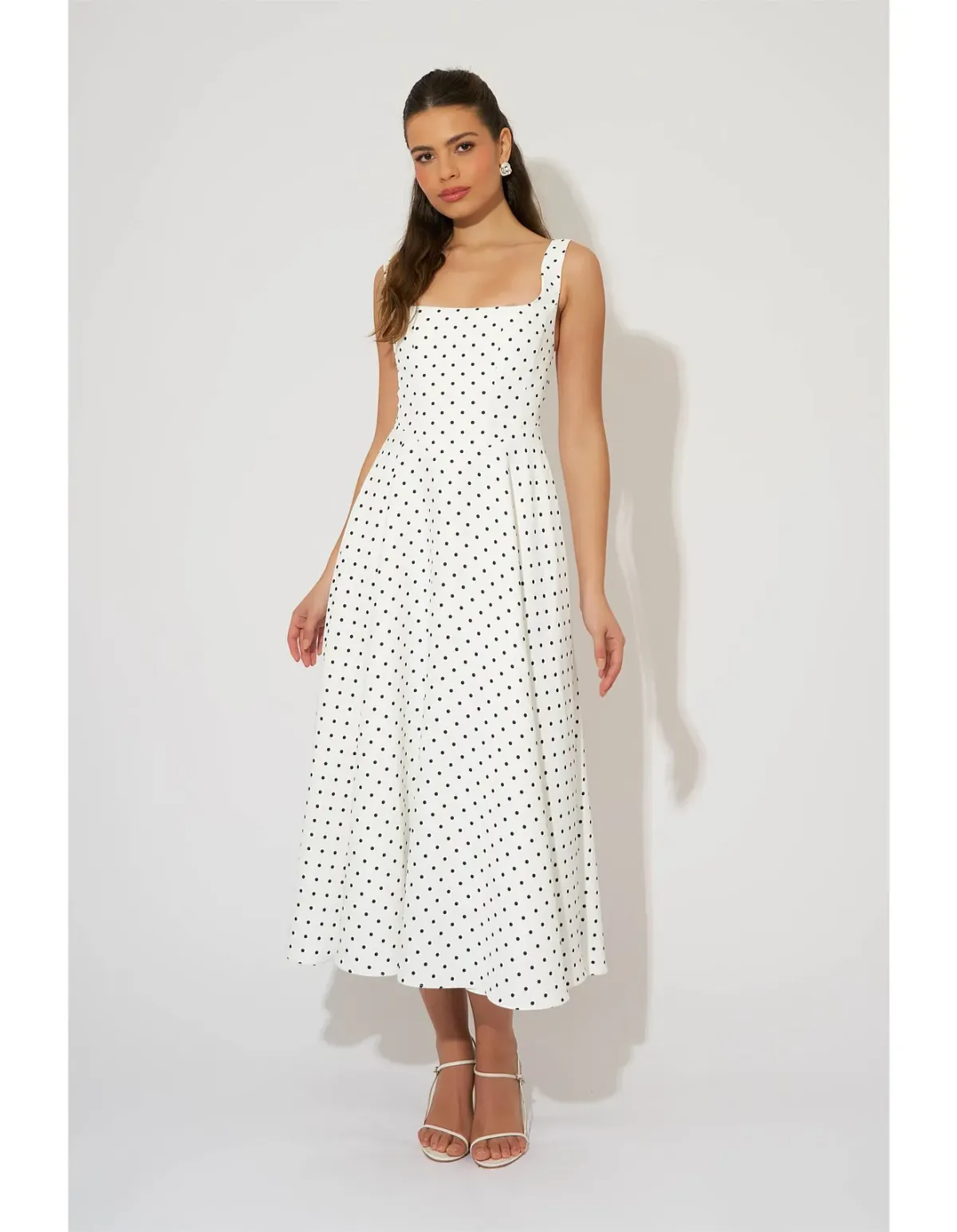 Odd Muse Ultimate Muse High Waist Square Neck Midi Dress M White Polka Dot - Image 1
