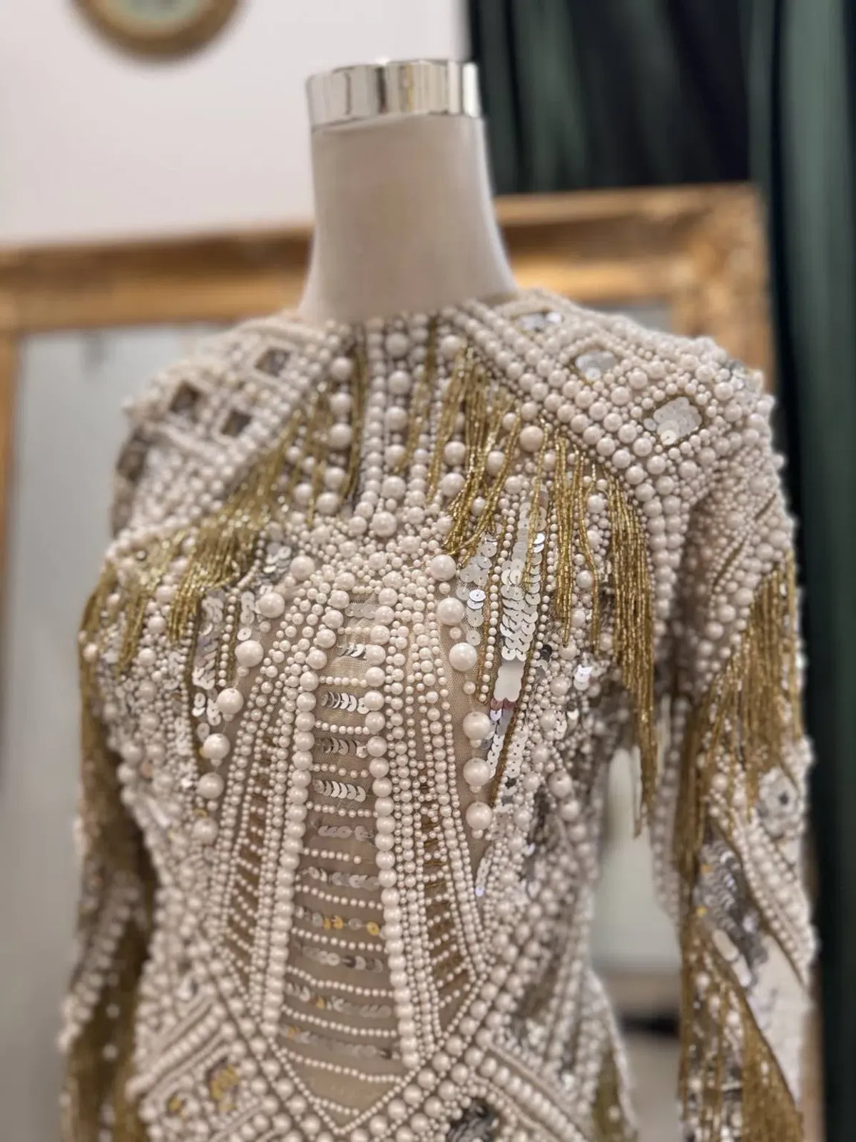 ASOS Limited Edition Pearl & Gold Embellished Fringe Midi Dress - Image 4