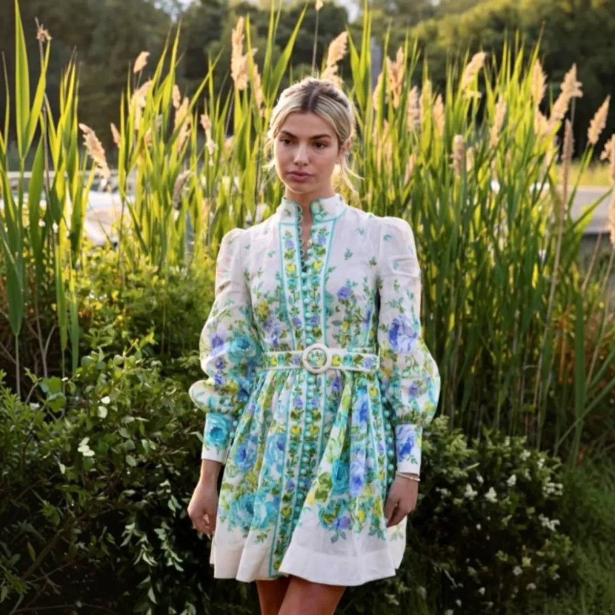 Zimmermann Raie Buttoned Mini Dress Teal/Blue Floral Size 4 - Image 3