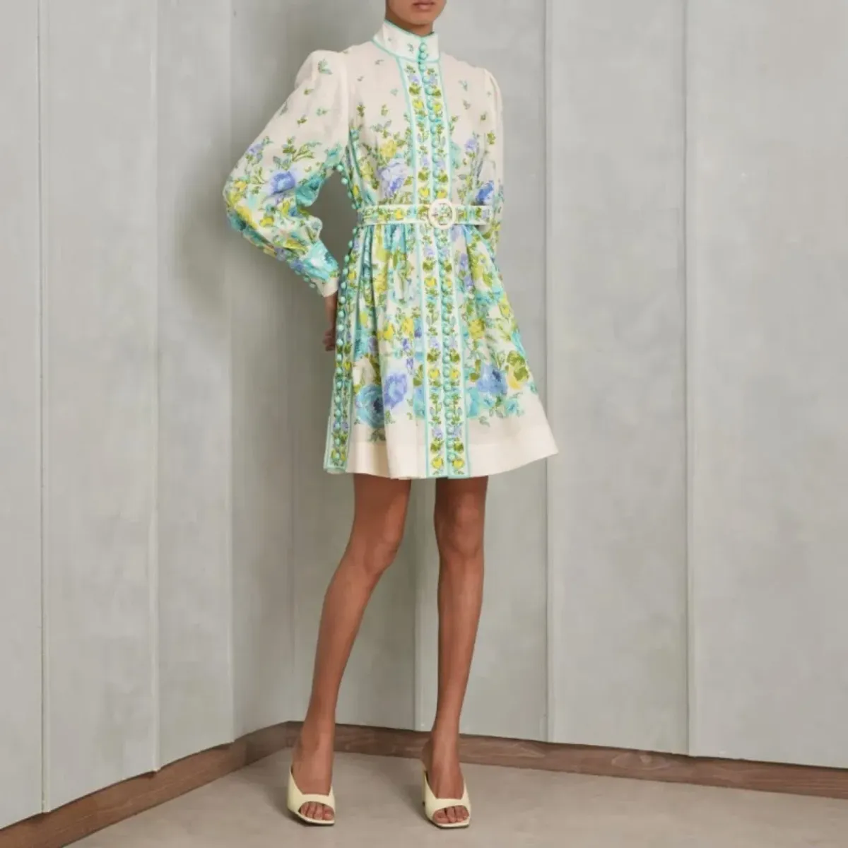 Zimmermann Raie Buttoned Mini Dress Teal/Blue Floral Size 4 - Image 1