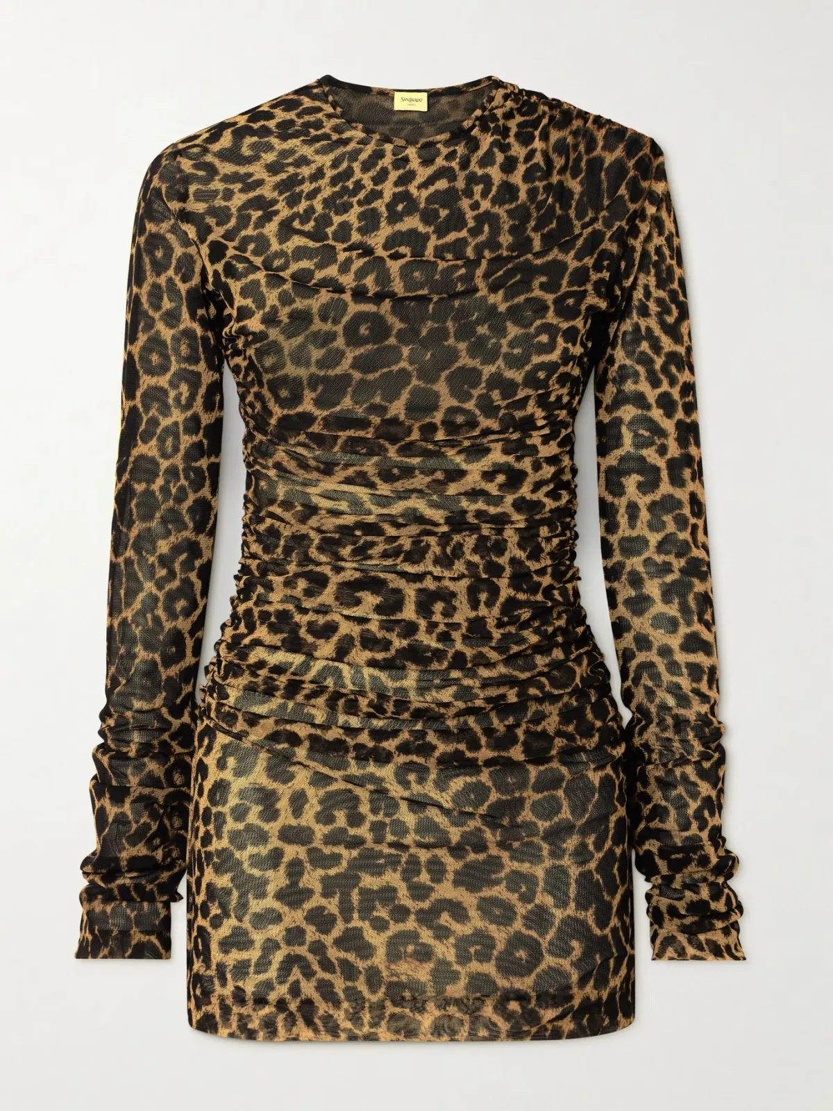 Saint Laurent Leopard-print ruched tulle minidress - Image 1