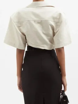 Jacquemus Capri Cotton And Linen-Blend Cropped Beige Shirt Size 38 / AU 10 for rent on The Volte - image 3