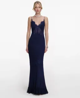 Self Portrait Navy Lace Georgette Maxi Dress Size 8  for rent on The Volte - image 1