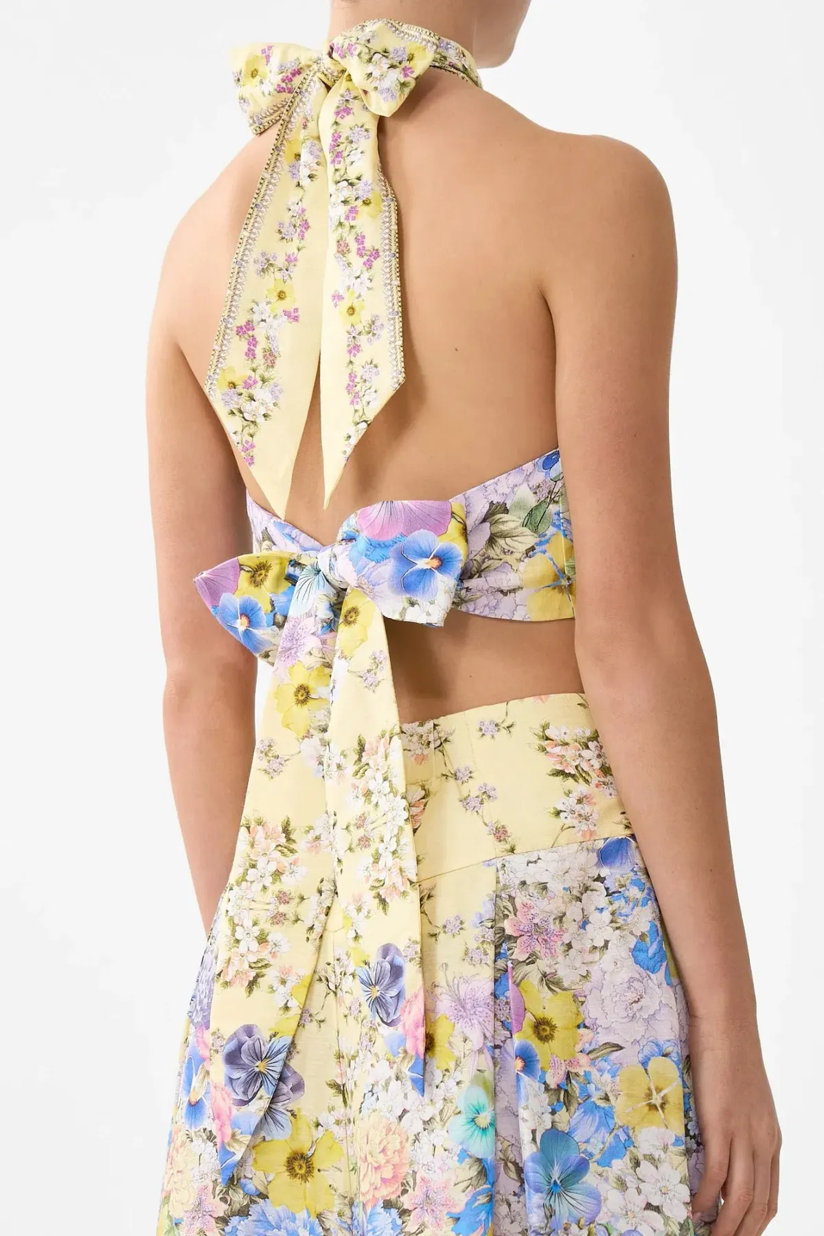 Camilla Darling Buds Halter Tie Back Top Cropped Yellow Floral Size 12 / M/L — Races, Wedding Guest, Cocktail - Image 4