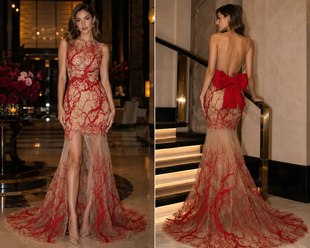 Tarik Ediz Coutre Coral Embroidered Mermaid Maxi Gown Red Size 6 - Image 1