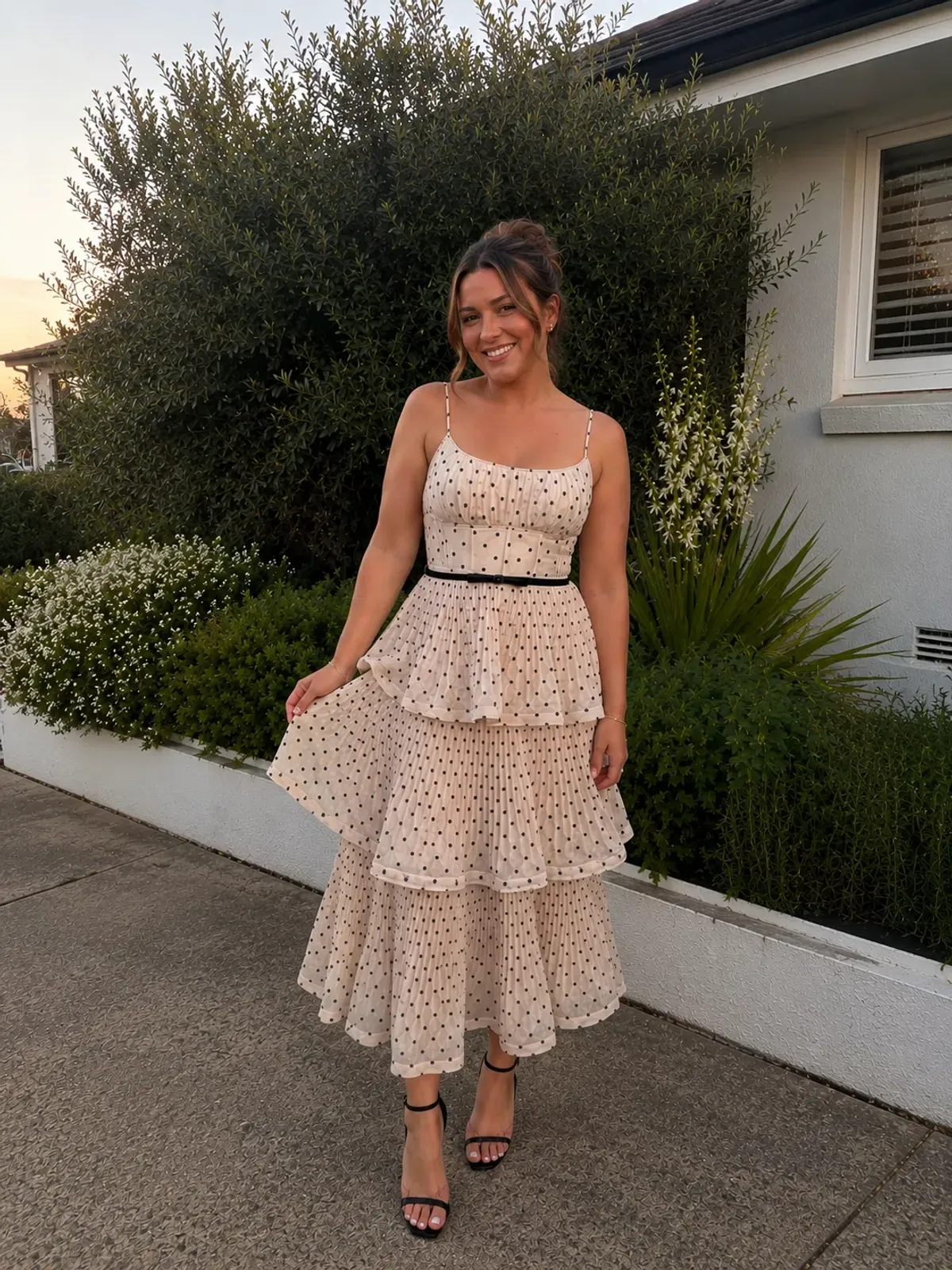 Zimmermann Pleated Tiered Midi Dress in Cream Black Polka Dot Size 1 / AU10 - Image 1