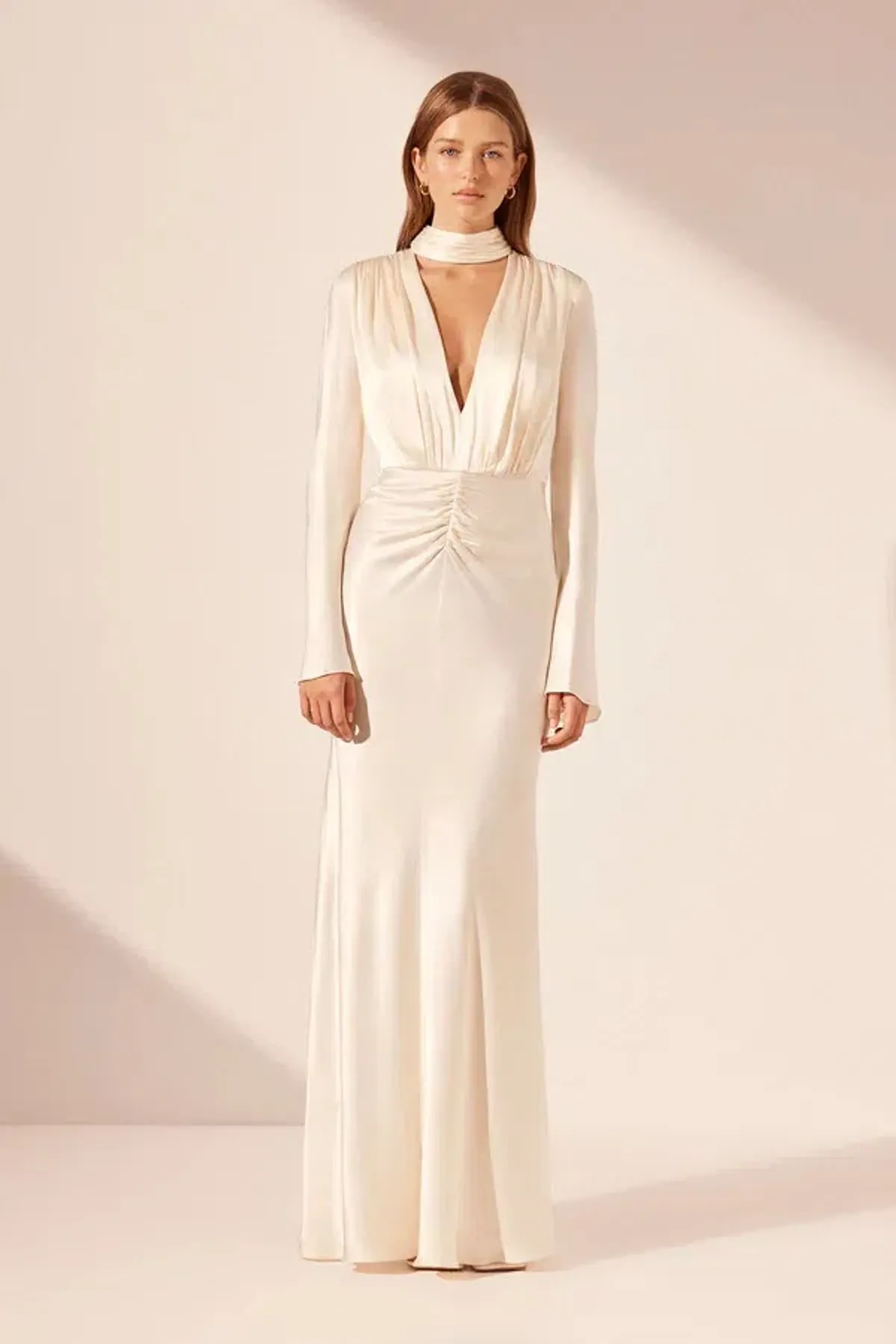 Shona Joy La Lune Plunged Long Sleeve Maxi Cream Size 6 - Image 1