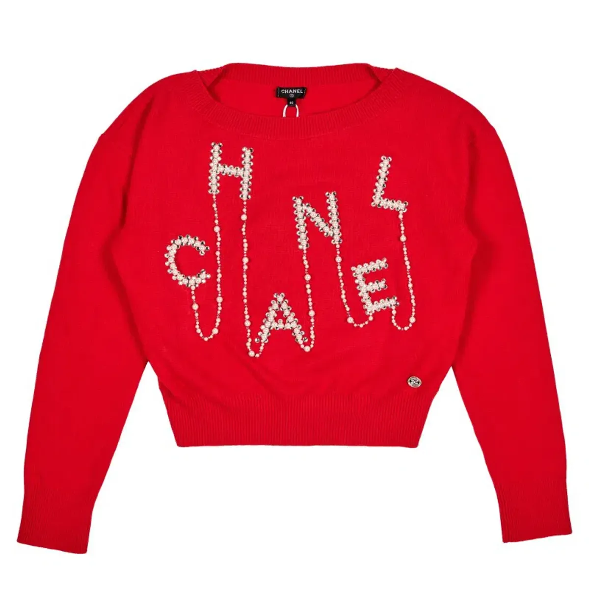 CHANEL Red Pearl Embellished Cashmere Sweater, 2021 - Image 3