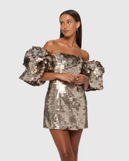 Leo Lin Brenda Sequin Puffy Sleeve Mini Dress Metallic Gold Size AU 14 for rent on The Volte - image 1