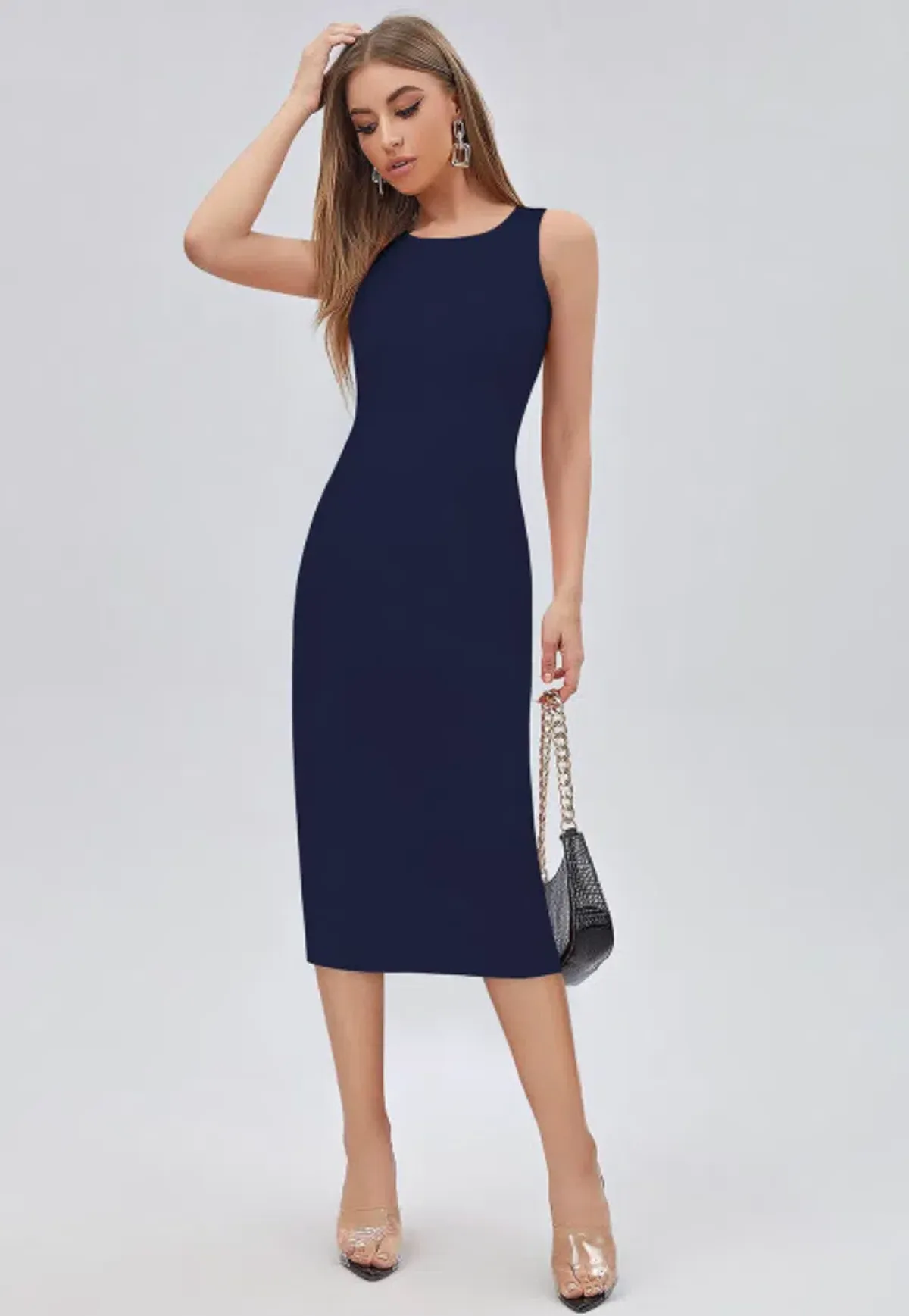 French Connection Vintage Navy Bodycon Midi Dress - Image 3