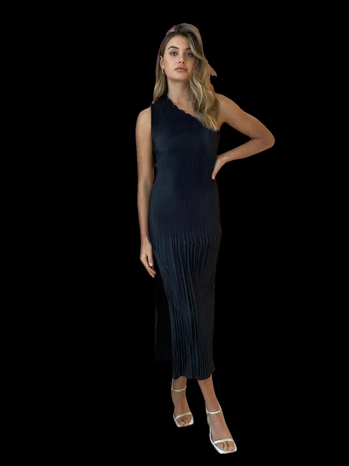 L'IDEE Soiree One Shoulder Midi Dress Black Size 6 - Image 1