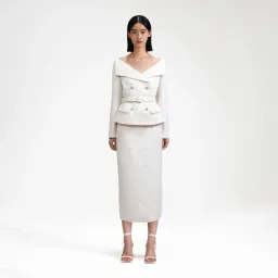 Self Portrait cream off shoulder boucle midi dress- Size 10 for rent on The Volte - image 1