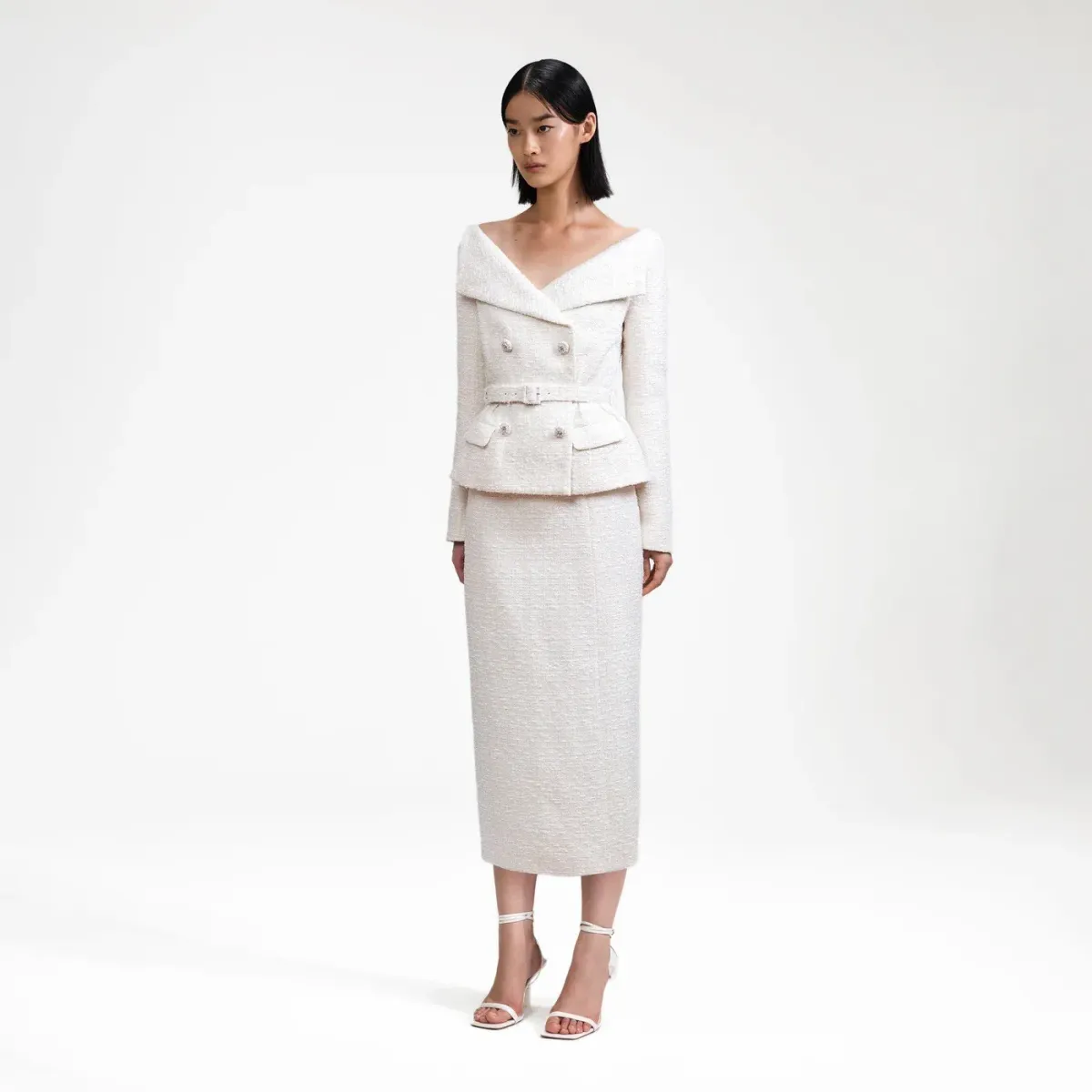 Self Portrait cream off shoulder boucle midi dress- Size 10 - Image 2