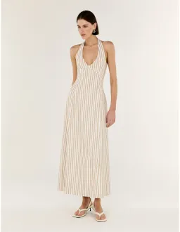 Staple The Label LOLA Halter Midi Dress XS Taupe White Stripe for rent on The Volte - image 1