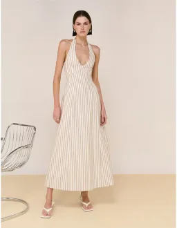 Staple The Label LOLA Halter Midi Dress XS Taupe White Stripe for rent on The Volte - image 3