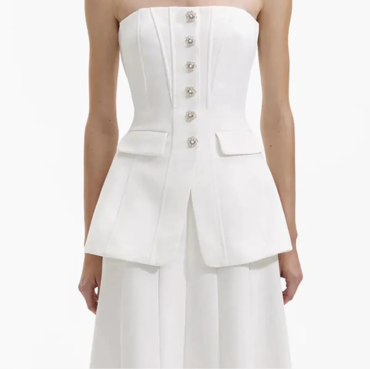 Self Portrait White Bandeau Crepe Midi Dress Size 10 - Image 3