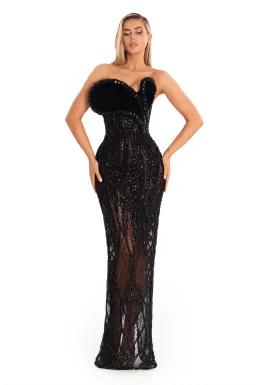 Albina Dyla Black Eclipse Siren Beaded Mermaid Gown – Strapless Velvet Formal Dress Size 10 for rent on The Volte - image 1