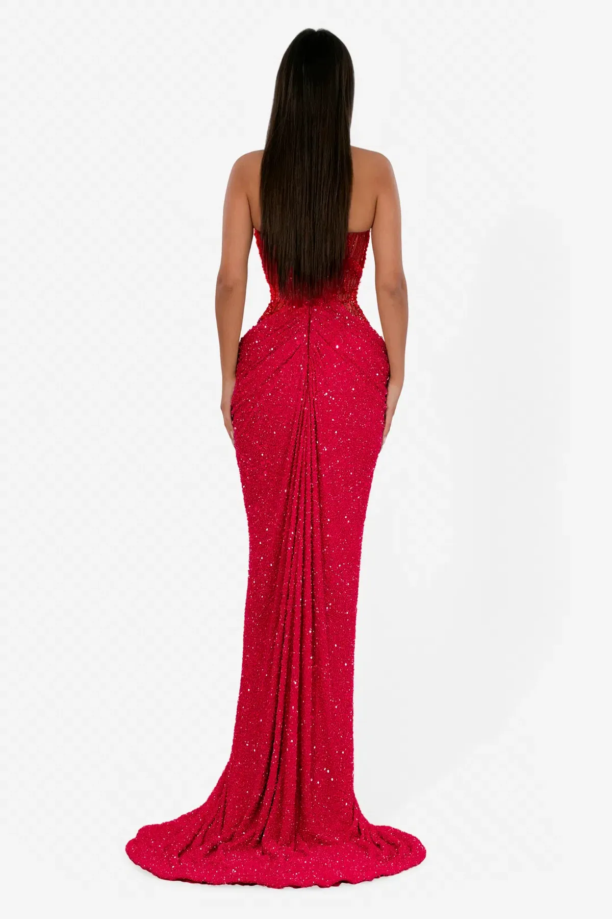 Albina Dyla Red Crystal Contour Gown – Sequin Cut-Out High Split Formal Dress | Size 8 - Image 2